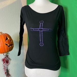 Boat neck 3/4 sleeve T sheer glitter purple silk screen